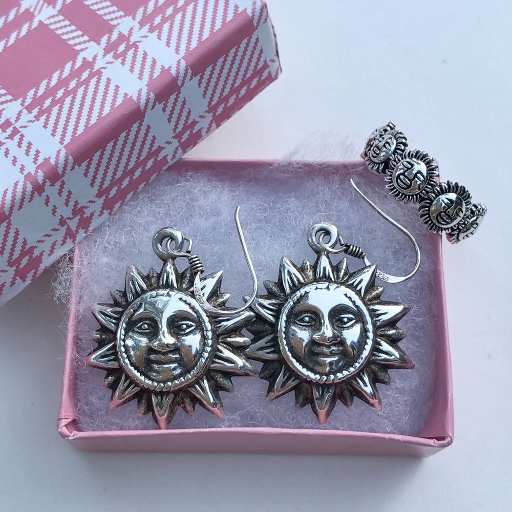 🌹🍃🌞New Vintage Celestial Smiling Sun Face Sterling Silver Dangle Earrings Set🌞🍃🌹